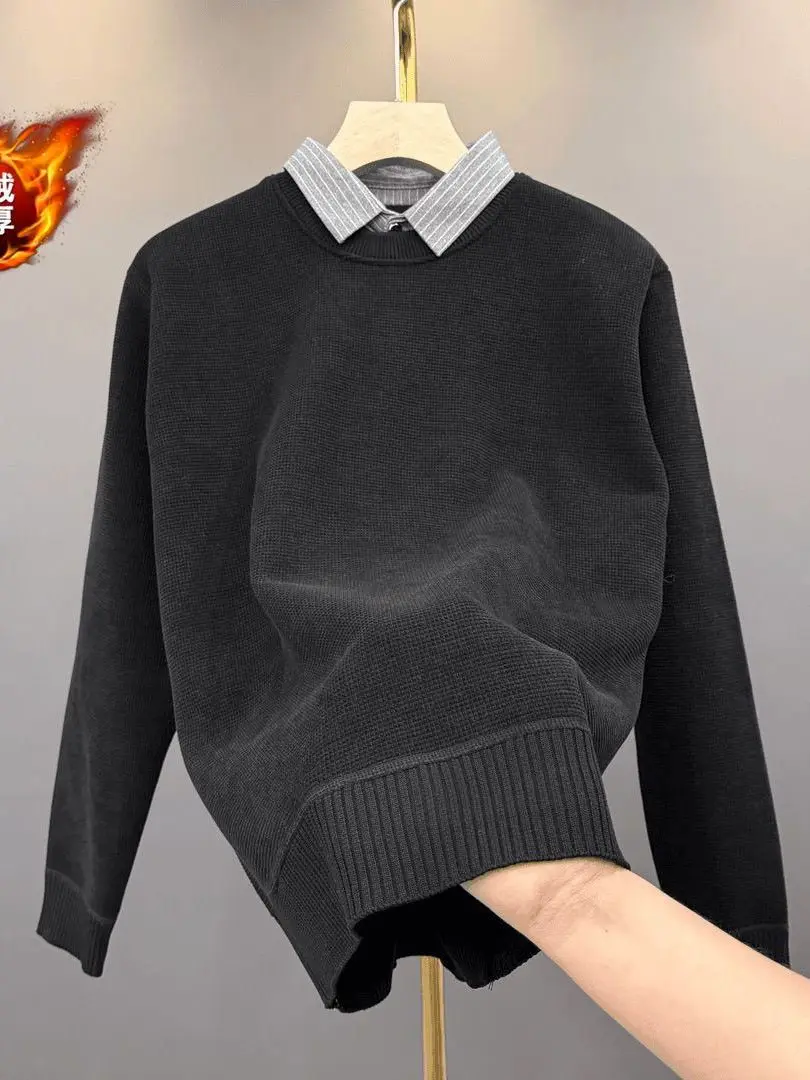 

Мужской вязаный свитер с воротником и флисовой подкладкой, повседневный, весна-осень, новая модная теплая базовая модель для делового и повседневного стиля