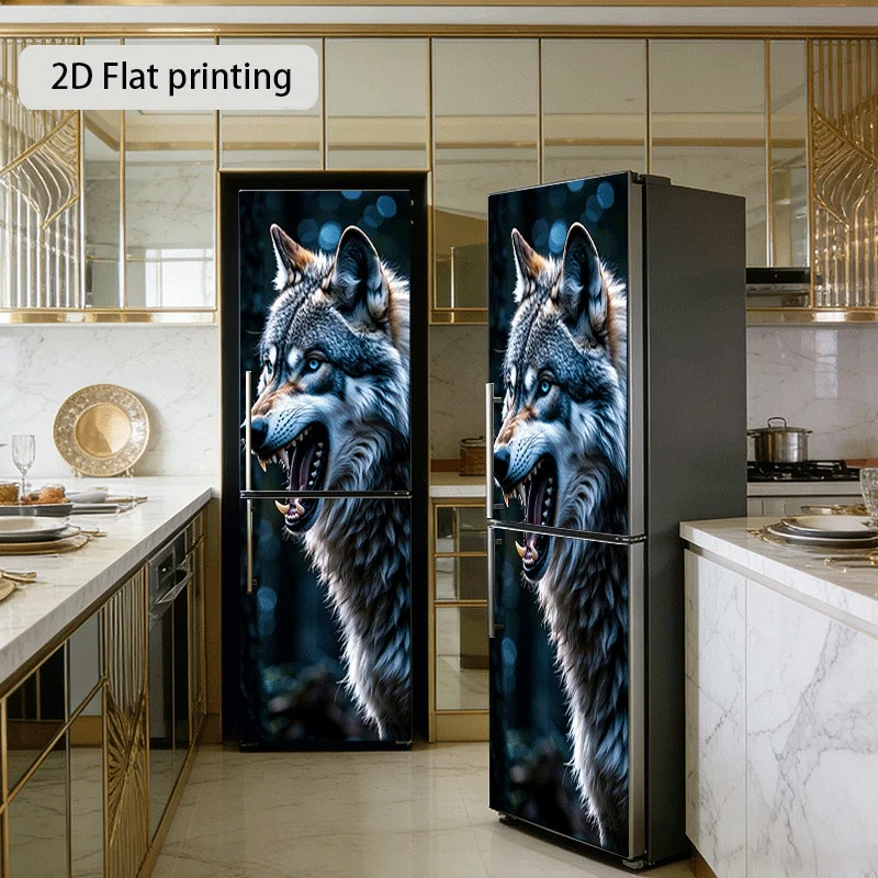 Refrigerator Sticker with a Design of a Howling Wolf Under The. Self-Adhesive Wall Decoration Suitable for Cabinets And Wardro