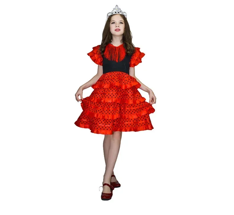 Spanisches Flamenco-Tanzkostüm für Kinder, rotes und schwarzes langes Kleid, Mädchen-Karnevals-Bühnenoutfit für Festival-Cosplay-Party – Detail 12