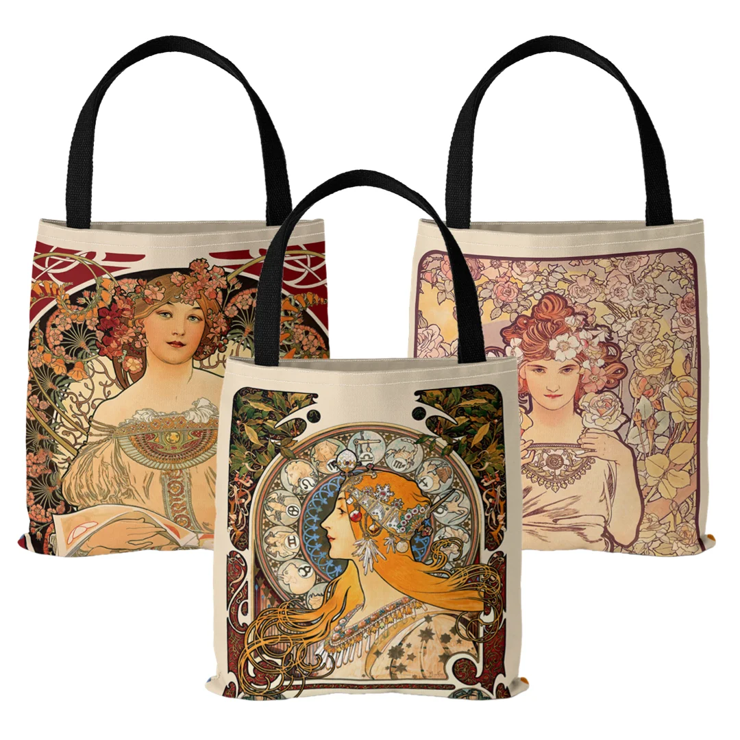 Mucha Series Digital Printed Canvas Bag Open Tote Bag Handbag Retro Canvas Shopping Bag