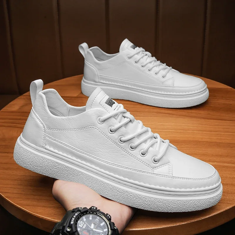 

Men Fashion shoes lace up Sneakers High Quality genuine Leather Men Casual Shoes Flat White Shoes Man Designer Sneakers