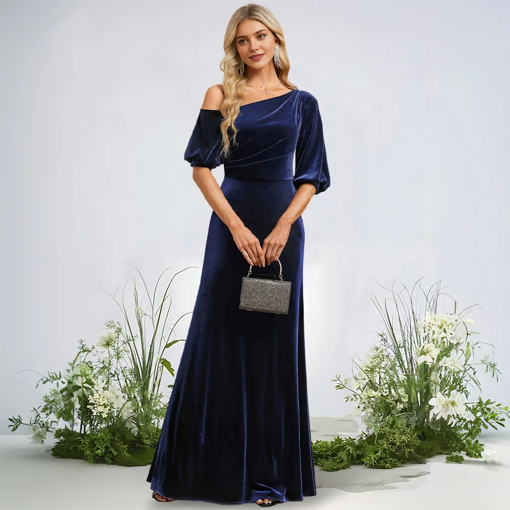 

​​Luxury Evening Dress Sheath Column Pleated Velvet Floor-Length Prom Gown Asymmetrical 1/2 Sleeves Formal Wedding Party Woman