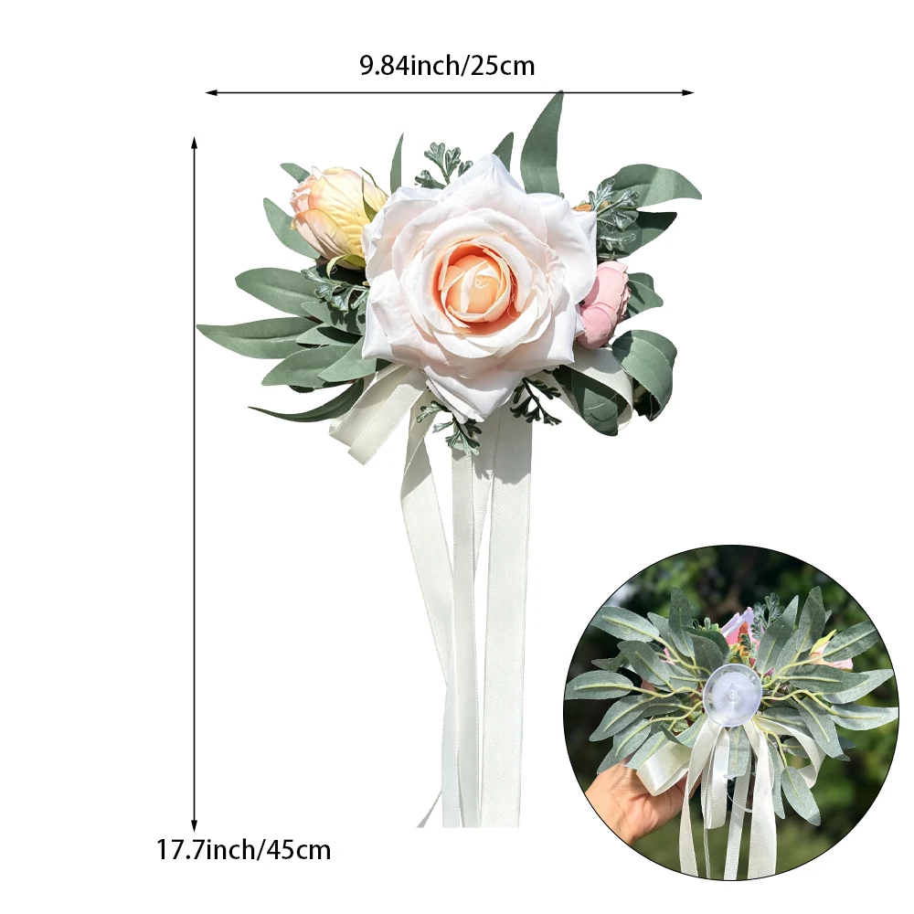 Weiße Rosen Rustikale Hochzeitsauto-Dekoration, Mit Künstlichen Eukalyptusblättern und Elfenbeinfarbenem Satinband, für Hochzeitsstuhl-Dekoration – Detail 4