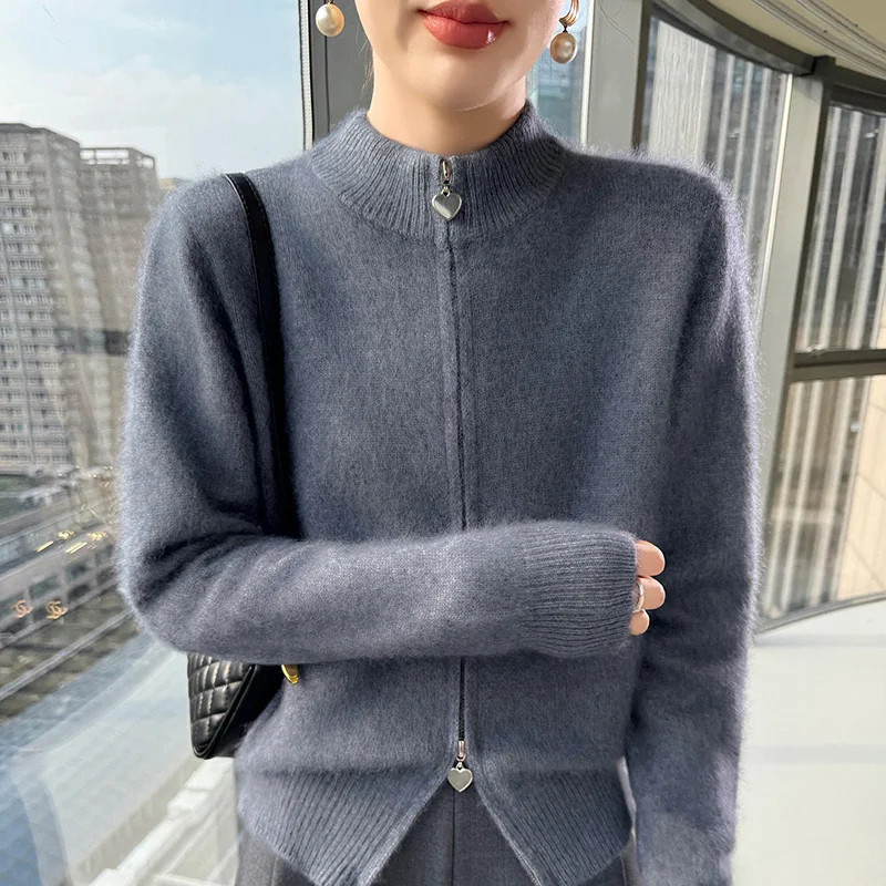 الخريف والشتاء المنك الكشمير سترة المرأة سستة أعلى الصوف محبوك سترة معطف