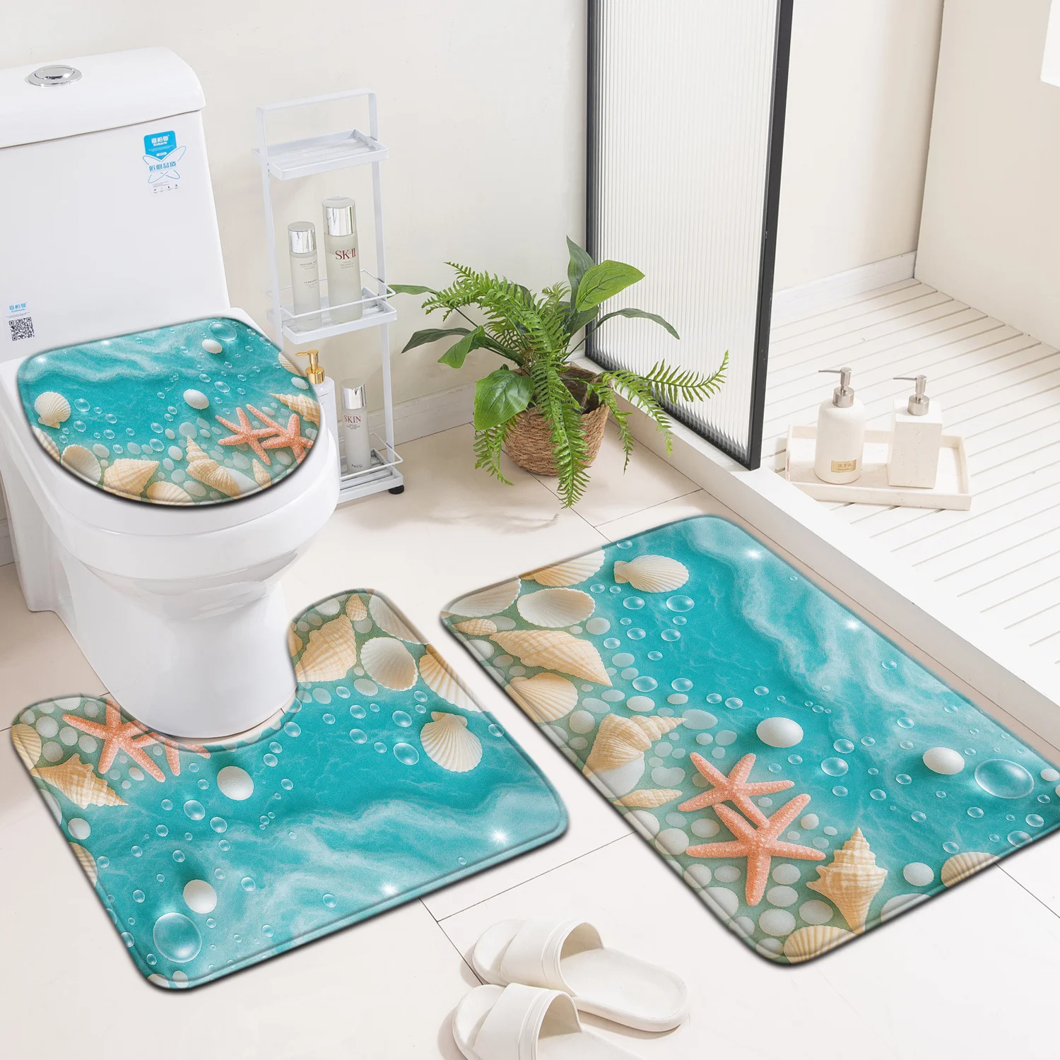 

3pcs Bathroom Three-Piece Set Floor Mat, Home Decoration Entrance Door Mat, Toilet Lid Mat Toilet Additions Set, Blue Seawater