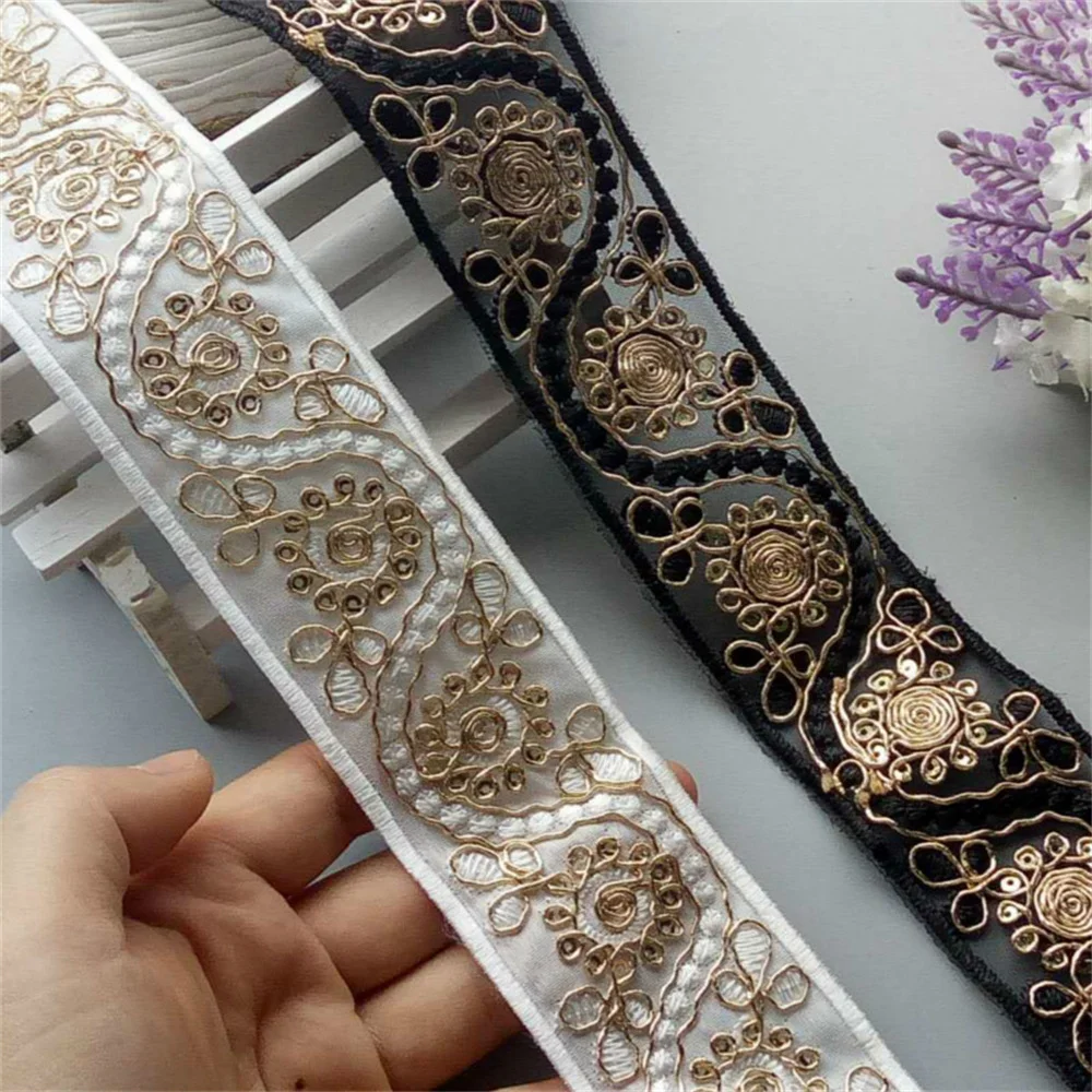 

Retro 2 Yards Sequin Lace Trims Black White Floral Lace Ribbon for Bridal Lace DIY Sewing Material for Dress Decoration New