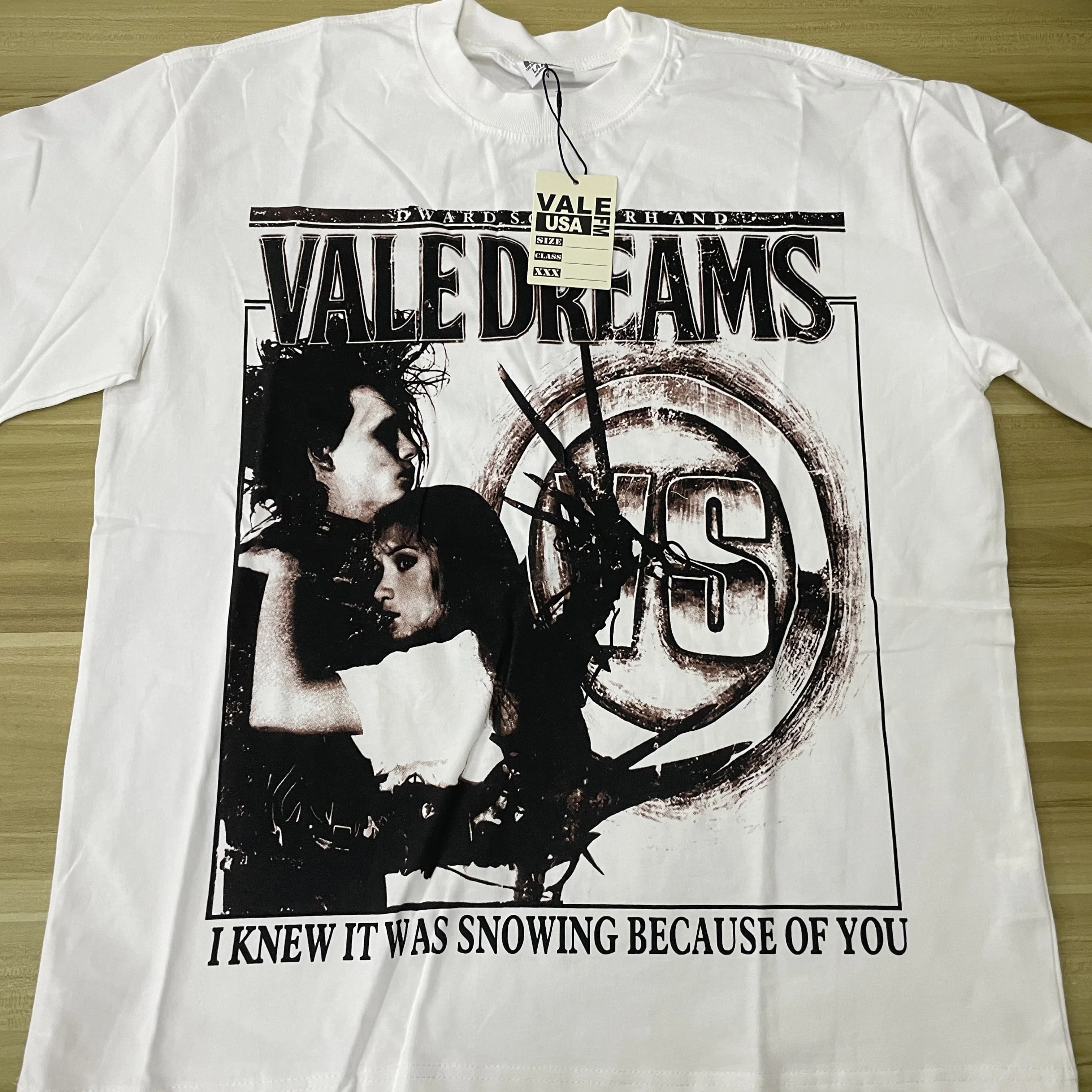VALE FOREVER Vintage Monkey Wash Loose T-shirt Unisex Round Neck Tee Hotfix Rhinestone Letter Direct Spray Print