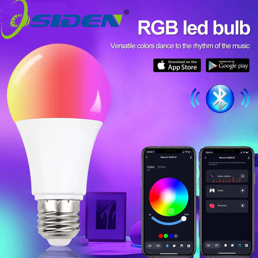 

Wireless Bluetooth APP Smart RGB Bulb Lamp E27 12W Dimmable RGBW Colorful Changing Night Light For Home Living Bedroom Christmas