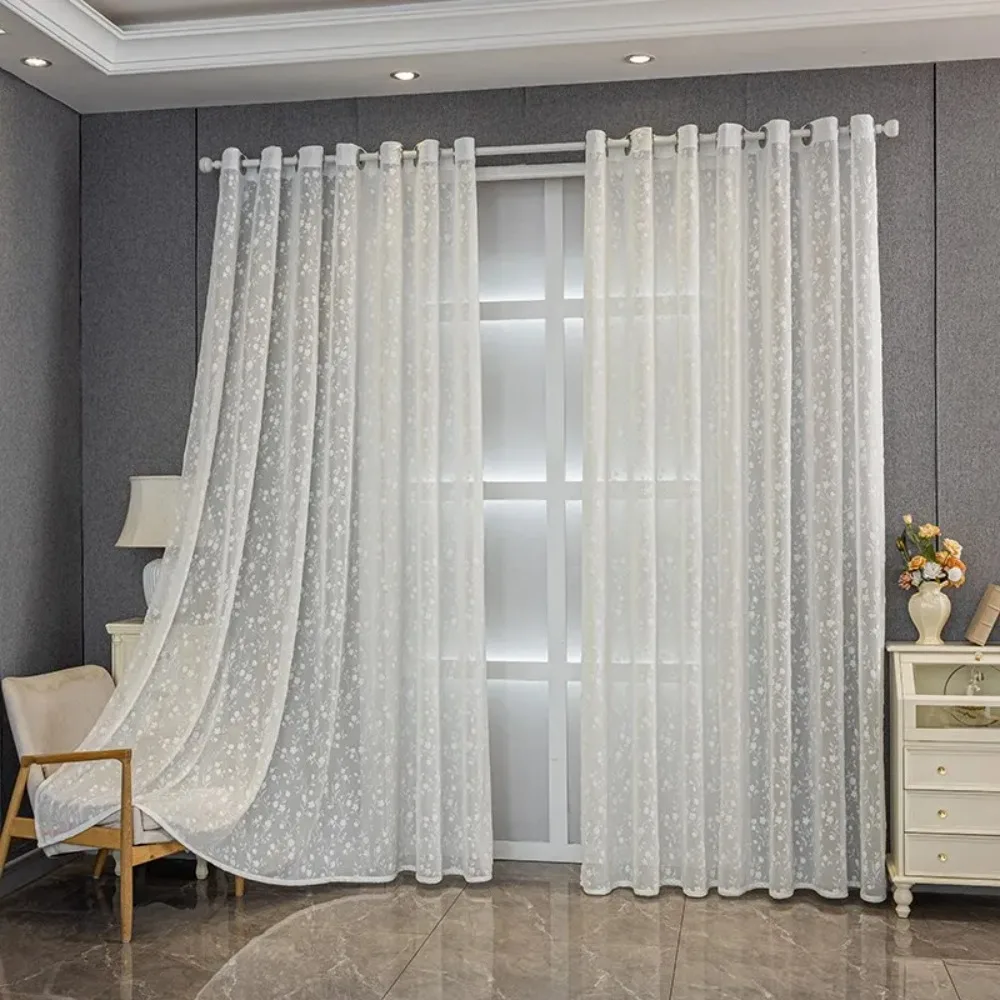Custom Size White Sheer Curtains for Living Room and Bedroom,Jacquard Flowers Semi Tulle Window Drapes Voiles Home Decor Blinds