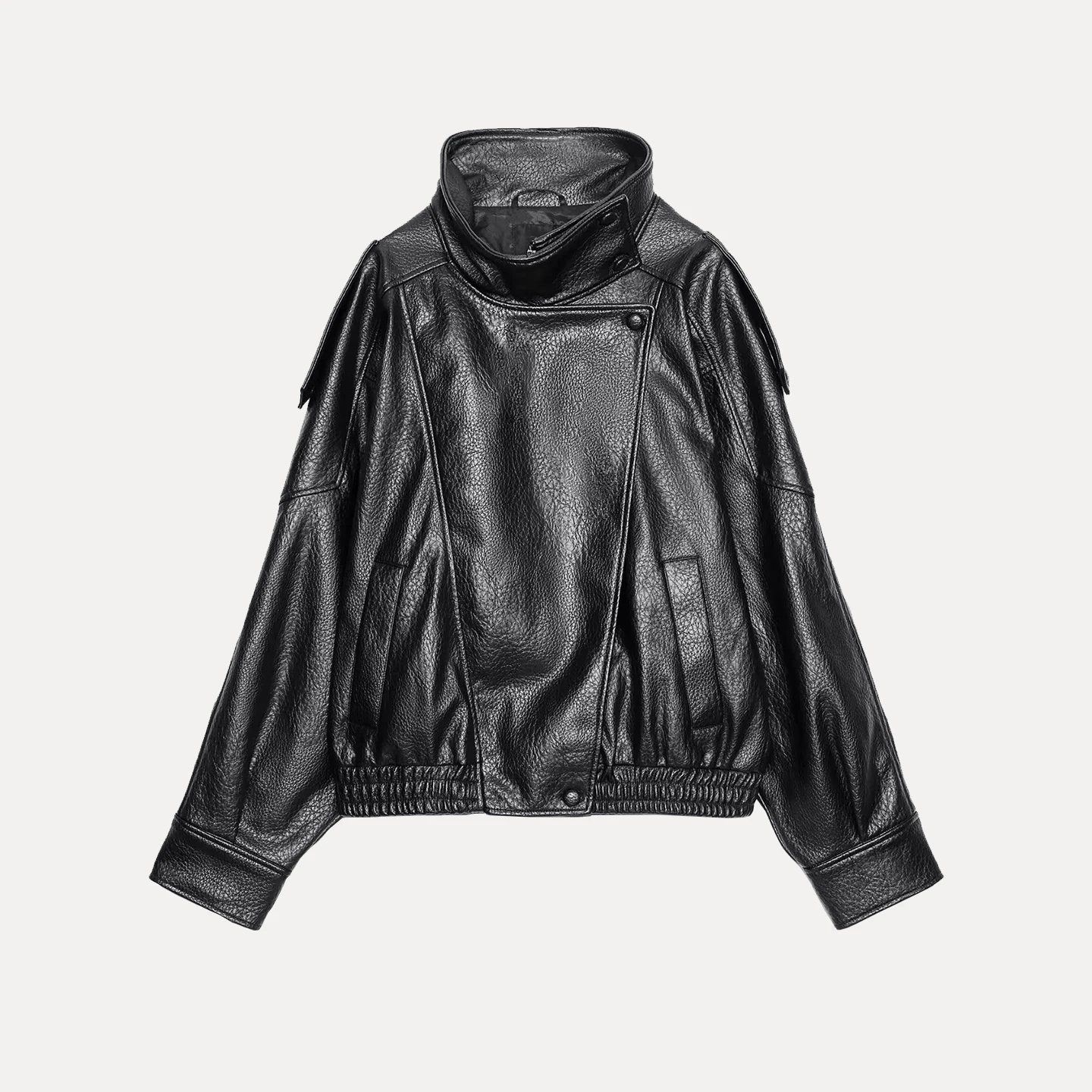 

Faionable Ele Leatherette Long Sve Stand Collar Jaet Women's Autumn New Sle Z Commute Sle Loose Fit Zipper