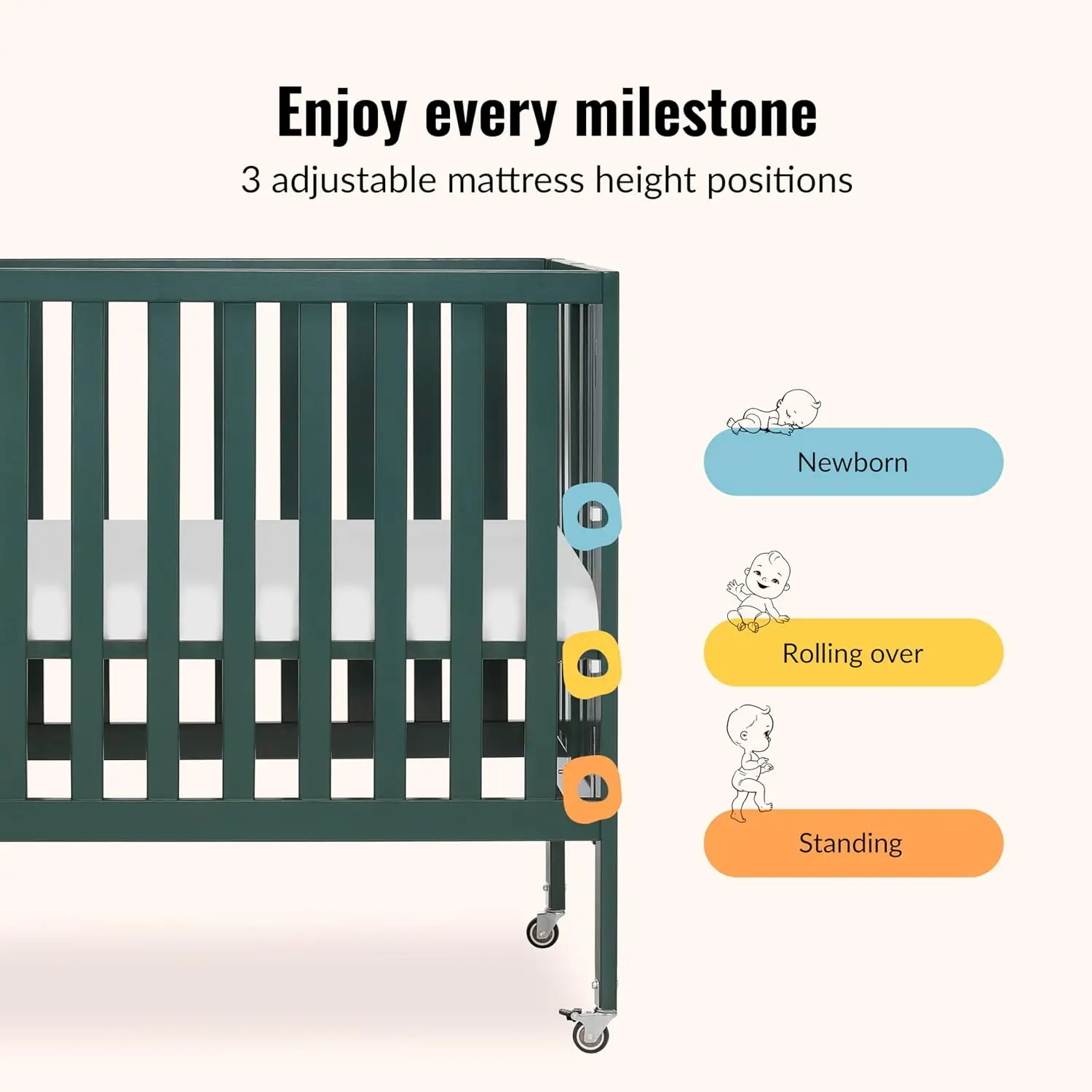 Portable Mini Crib with Flat Folding System, Lightweight for Travel, Adjustable Heights & Safe Wheels