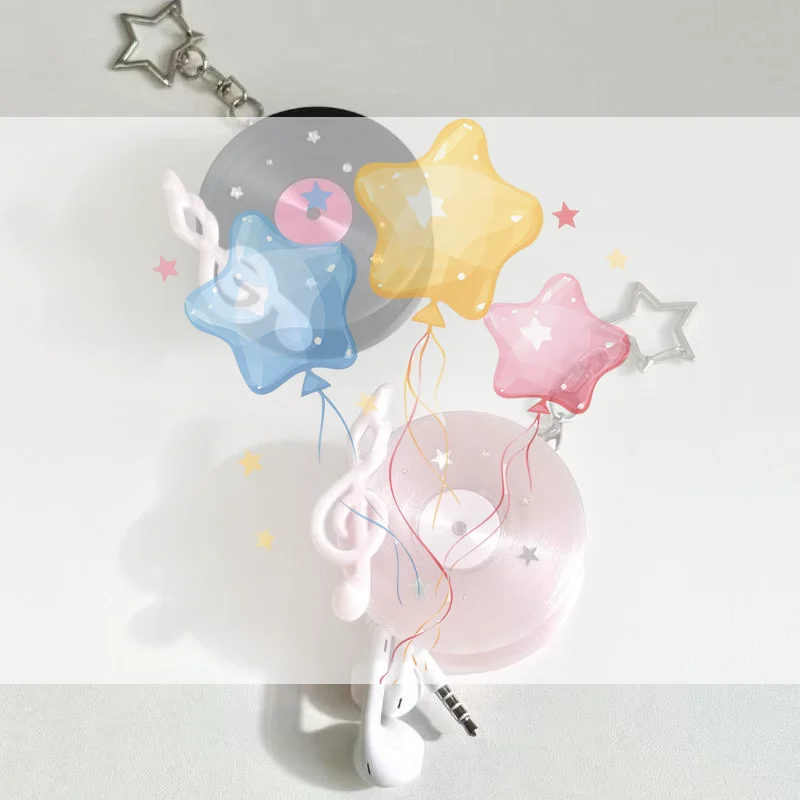 Y2K Vintage Record Shaped Earphone Cable Winder Portable Cord Holder With Keychain Ins Style Headphone Cable Organizer Bag Char