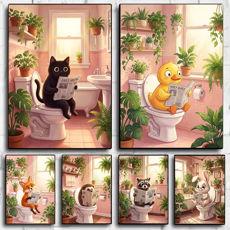 Funny Bathroom Black Cat Canvas Poster Retro Animal Toilet Wall Art Prints for Modern Living Room Bedroom Bathroom Home 