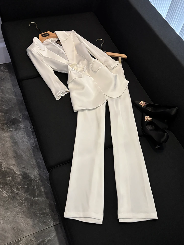 

White Satin Suit Set Women's Autumn Winter Thin High-End Casual Profional Wide Leg Pants Two-Piece Suit Ele Sle
