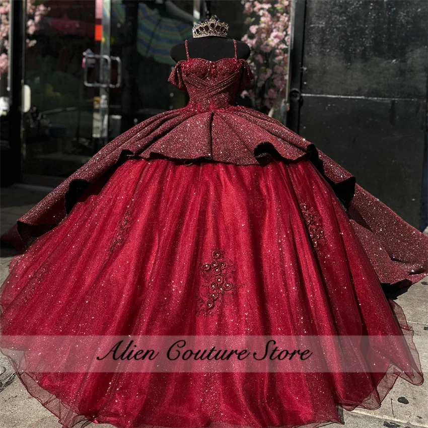 Glitter Red Quinceanera Dresses Princess Applique Spaghetti Straps Vestidos 15 Quinceañera 2024 Train