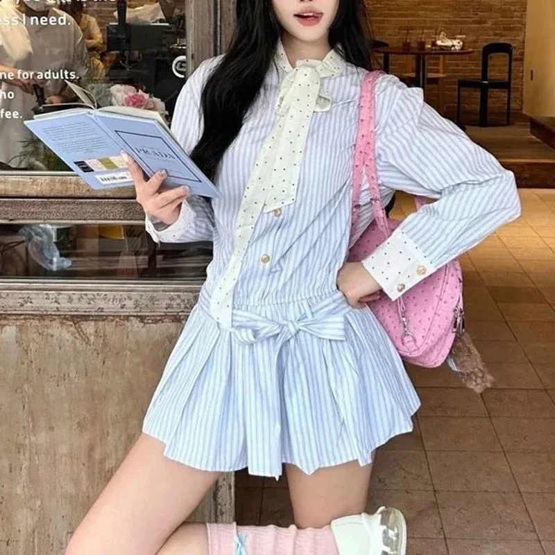 Preppy نمط المرقعة بلوزة مخططة ربيع جديد كم طويل القوس جلد فضفاض موضة قميص علوي شارع العليا ملابس حريمي غير رسمية #1