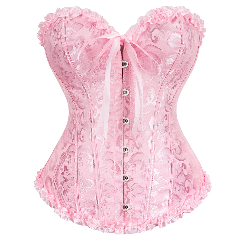 Jacquard Overbust Corset Floral Waist Bustier Top Basques Lace Up Boned Corselet Body Shaper Korset