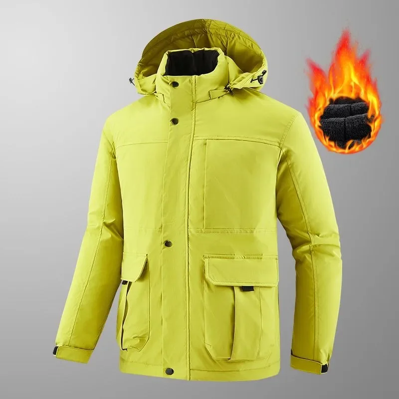 Men Outdoor Jacket Winter Fleece-lined Thickened Mountaineering Cold-Proof Cotton-Padded Clothing Casual Hooded Outwear