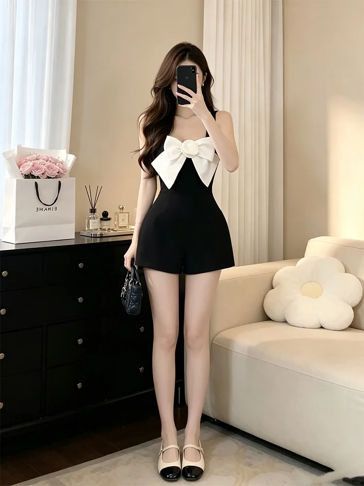 Black Bowtie Color Block Halter  Pants Women Summer Slim Fit High Waist Wide Leg Short Pants Elegant Style