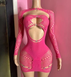 HLJ Sexy Knit Bodycon Mini Dress for Women Hollow Out Rhinestone Patchwork Stretch Chic Shawl +Dresses Female 2025 Spring New