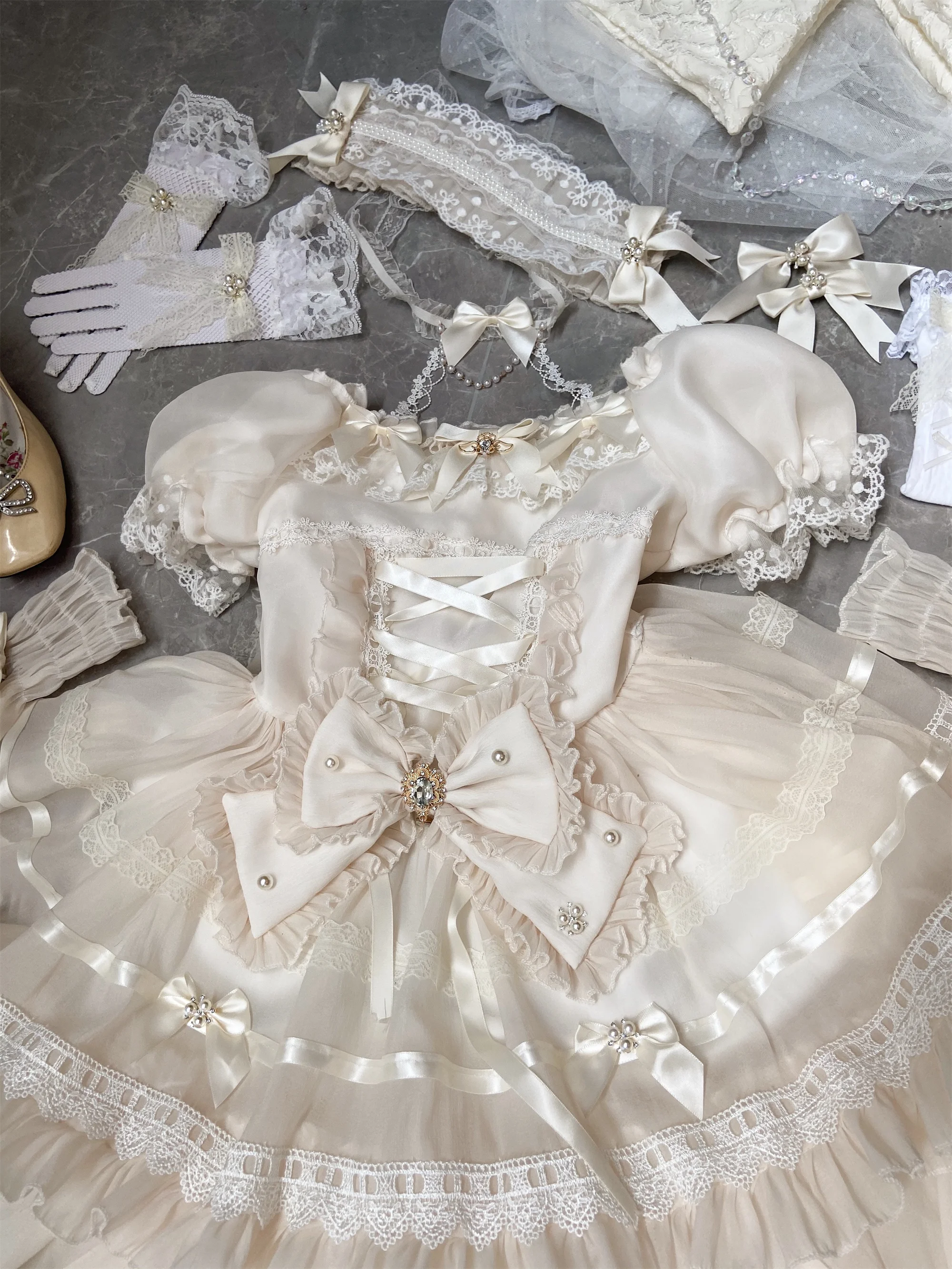 Original Lolita Jewel Ballet Doll Sensation Lace Yarn Bow Elegant Flower Wedding Dress Sweet Lolita Girl Tea Party Dress