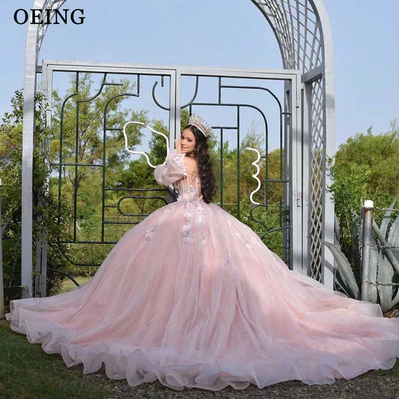 OEING-Baby Pink Quinceanera Vestidos, Fora Do Ombro, Apliques Vestido De Baile, Espartilho De Flores Artesanais, Doce 15 Birthday Party Wear