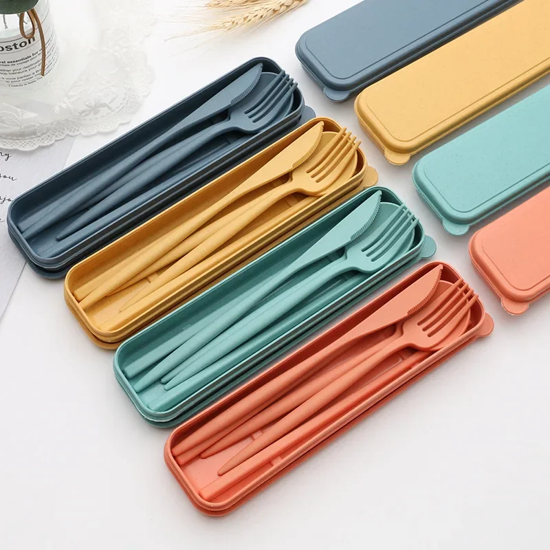 Wheat Straw Portable Tableware Picnic Set Eco Friendly Camping Cutlery With Case Fork Spoon Camping Tableware Picnic Cutlery Set