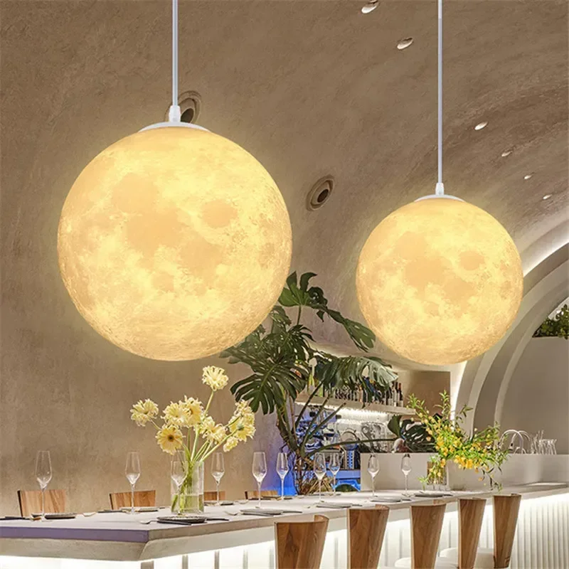 Nordic 3D Print Moon Pendant Light Creative Night Lamp Indoor Decor Restaurant Living Bedroom Hanging Lighting Chandeliers