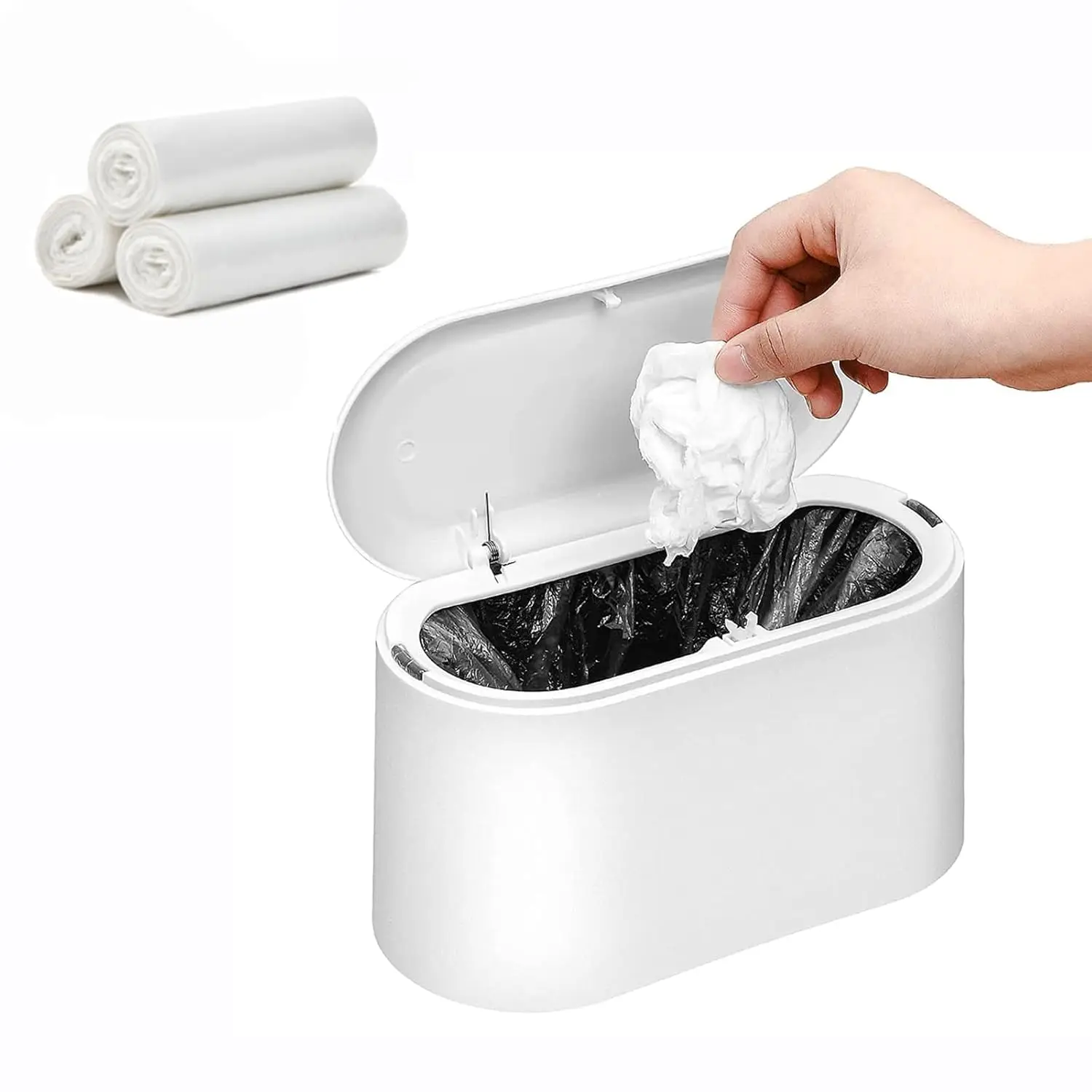 

Mini Trash Can with Lid, Small Desk Garbage Bin, Countertop Waste Basket, White, Includes 3 Roll Bags