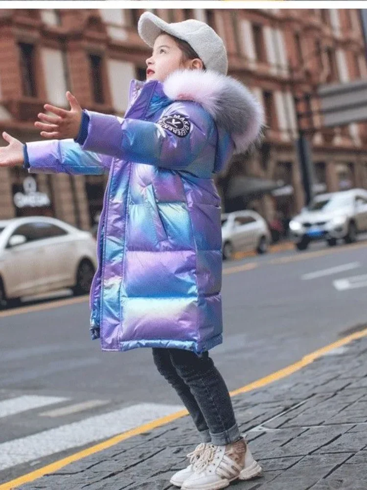 Girls Down 2024 New Padded Jacket Long Girls Big Children Western Style Bright Face Winter Coat Padded Jacket Fashion Clothes