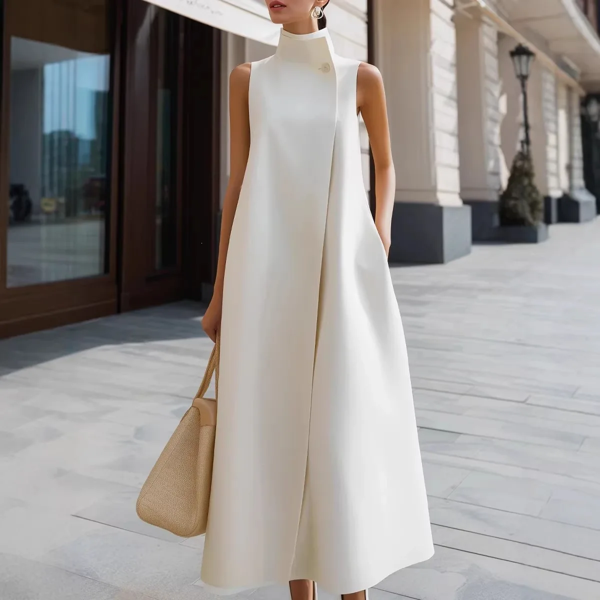 Damen High-Waist Locker Sitzendes Plissee-Maxikleid mit Rollkragen, Einfarbig, Ärmellos, Neckholder-Stil, Modisches Design mit Taschen