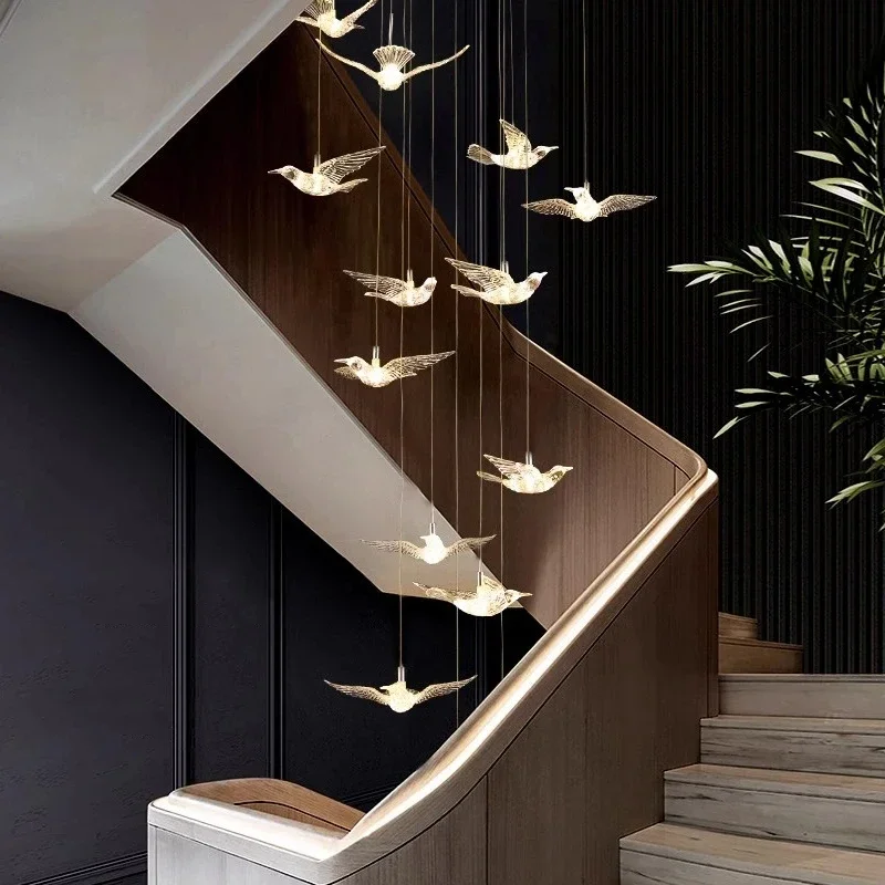 Modern Staircase LED Acrylic Bird Long Pendant Light Living Room Bedroom Dining Room Bird Home Decoration Ceiling Pendant Light