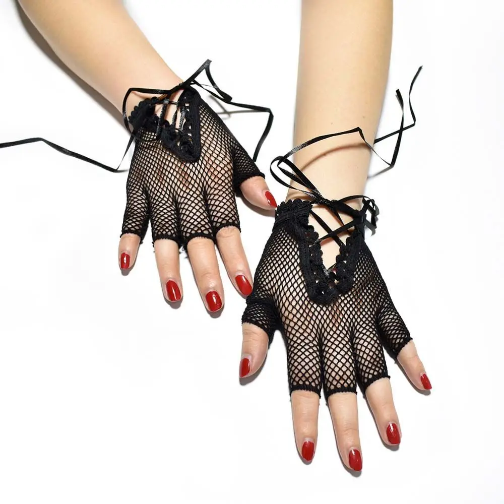 Party Costume Accessories Fashion Goth Girls Mesh Lace Black Long Gloves Fingeless Mittens Net Mitten Women Fishnet Gloves