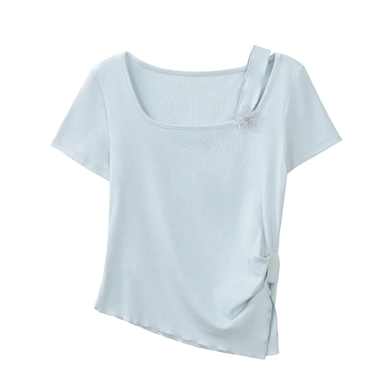 ALXNAN Dames T-shirt Grijs Blauw T-shirt met korte mouwen Elegant Slim-fit 3d Bloemontwerp Katoen Koreaanse populaire kleding Nieuw L55122