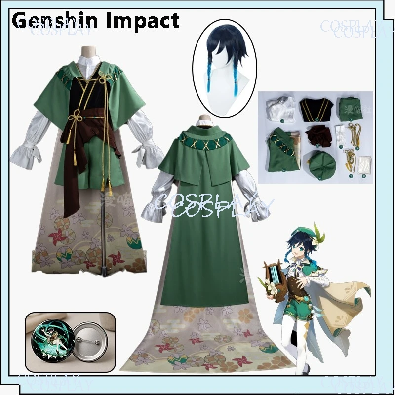Genshin Impact Venti Cosplay Costume Wig Hat Full Set Costume Halloween Carnival Party Women Men Cosplay Suit