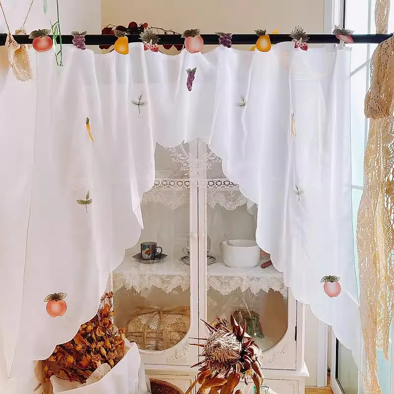 

White Polyester Arch Curtain Fruit Patchwork Design, Sheer Light Filtering, Hanging Decor for Indoor, Doorway, Room Divider