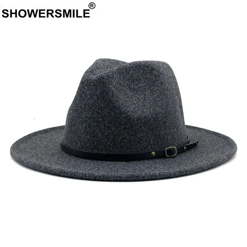 

New Design Gray Men Wool Fedora Hat with Leather Belt Gentleman Fashion Winter Autumn Woolen Wide Brim Jazz Hat Camel