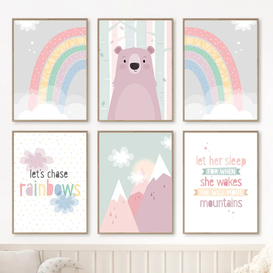 Cartoon Rabbit Bear Rainbow Mountain Minimalist Wall Art Print Canvas Painting Posters for Living Room Modern Home Decor
