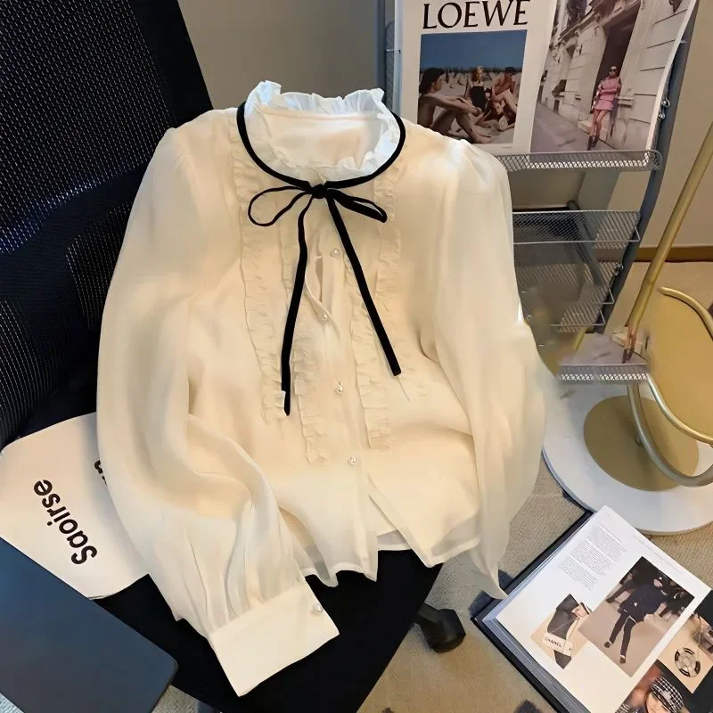 

Elegant Fashion Solid Color Button Chiffon Shirt Women's Clothing Korean Simplicity Female Ruched Spliced Long Sleeve Blouse