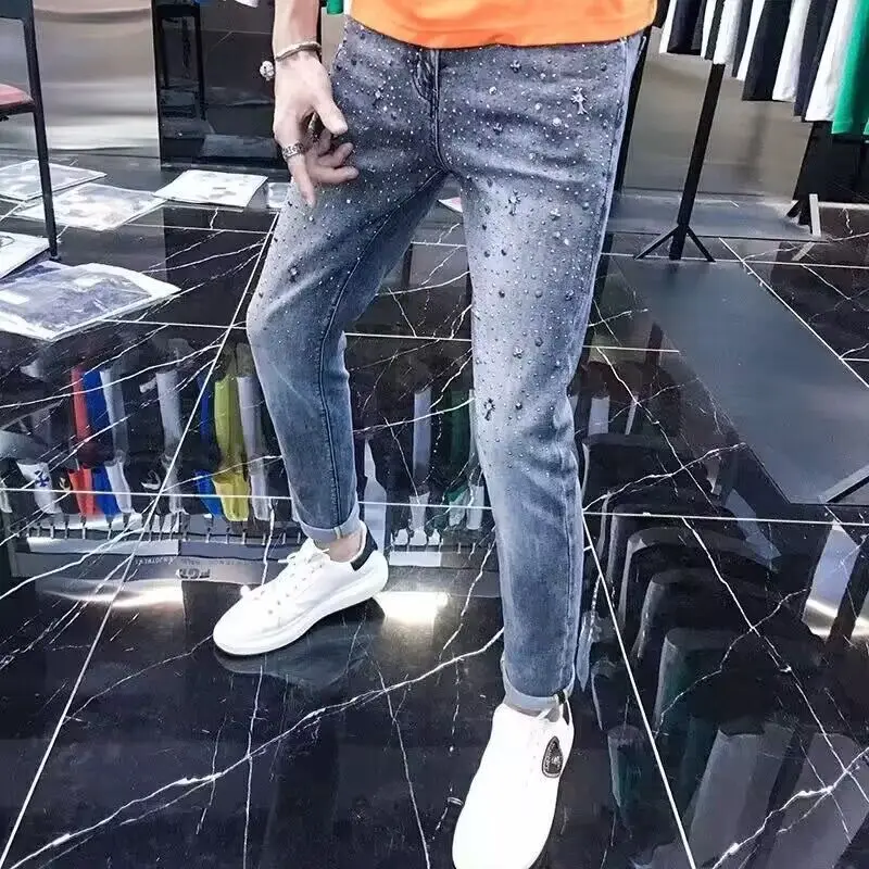 Spring Autumn 2025 High Quality Rhinestone Luxury Clothing Jeans Men's Brand Streetwear Slim Pants Youth Fashion Cowboy Trousers