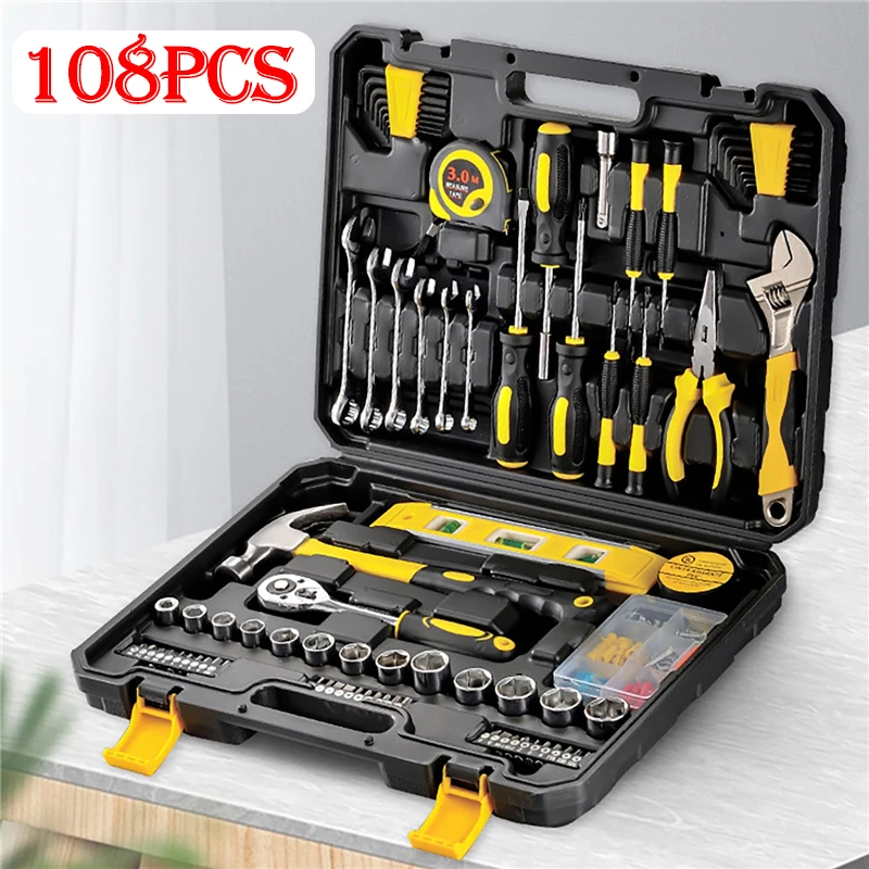 

108PCS House Hand Tool Set with Storage Case for Home Renovation Equipment Repair Screwdriver Ratchet Wrench Hexagon Sockets