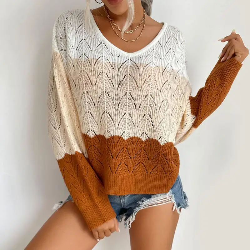 Top largo de punto perezoso Sve v-ne ahuecado Color Blo fino de poliéster para mujer otoño nueva marca Sle Quantum Entanglement