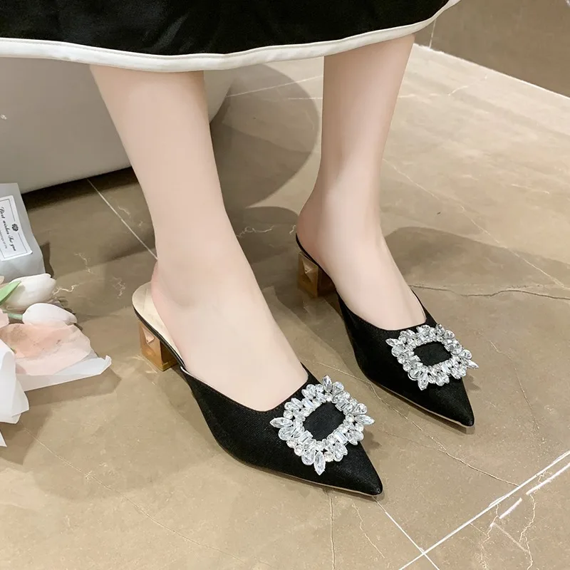 2024 Ladies Summer New Fashion Rhinestone Square Buckle Designer Women's Slippers Elegant Banquet Party Dress Women's High Heels