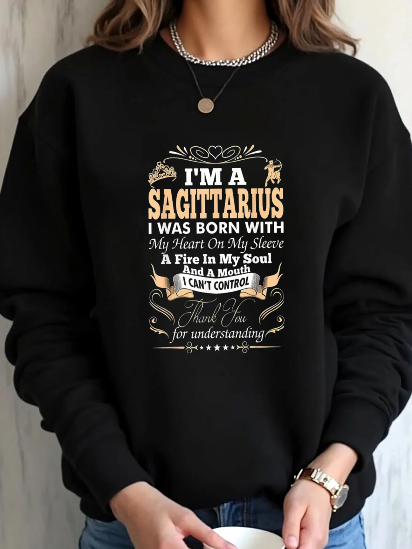 Moletom feminino oversized com estampa do zodíaco Sagitario de Natal para uso ao ar livre