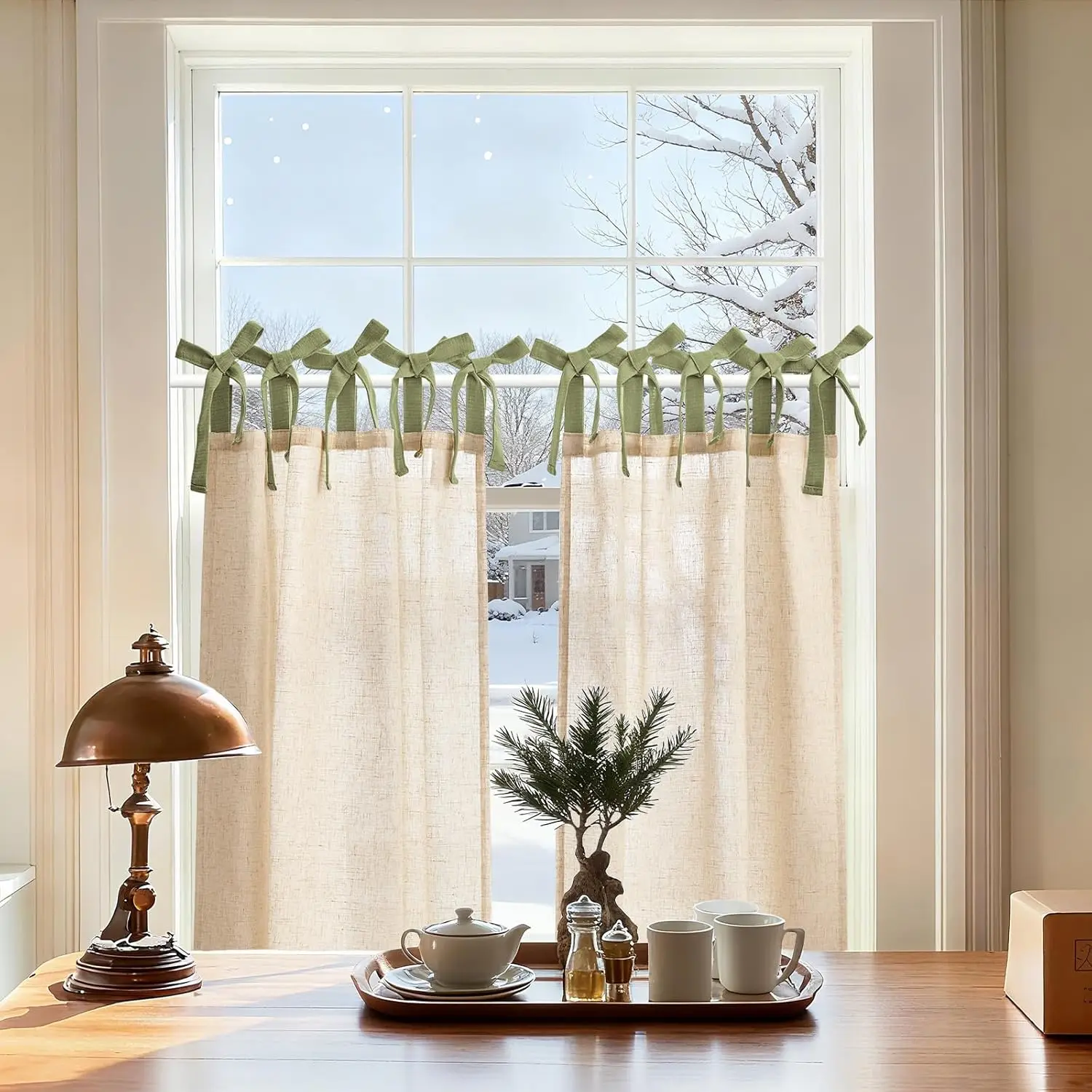 

Linen Tie Top Curtains 36 Inch Length Farmhouse Cafe Curtains Set of 2 for Bedroom Bathroom Rustic Small Windows Light F