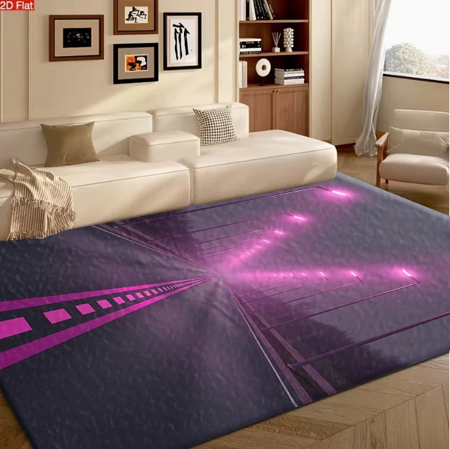 Neon Pink Street Lights Foggy Highway Carpet Flooring, Futuristic Road View Non-Slip Floor Rug for Living Room Bedroom Home Decoration
