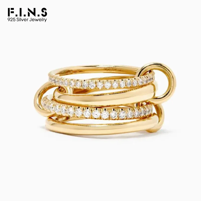 

F.I.N.S Fashion S925 Sterling Silver Zirconia Linked Rings INS Designer Clob Cocktail Party Stacked Hypoallergenic Fine Jewelry