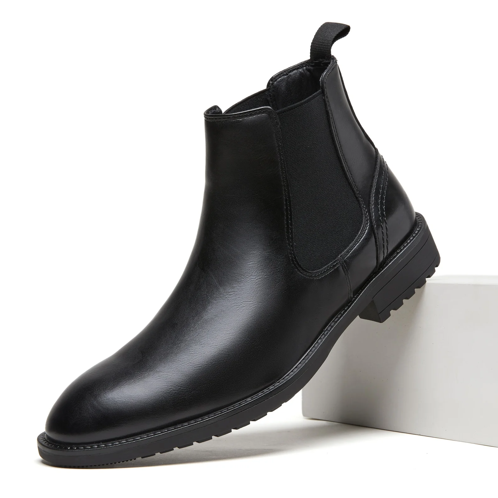 Desai Men Leather Chelsea Boots, Elastic Side Panels Ankle Booties, Low Block Heel Non-Slip Sole, Versatile Boots for Business C