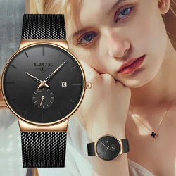 LIGE Ultra Thin Fashion Casual Ladies Watches Elegant Luxury Waterproof Business Quartz Watch for Women Gift Auto Calendar Clock