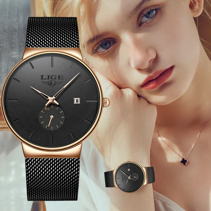 LIGE Ultra Thin Fashion Casual Ladies Watches Elegant Luxury Waterproof Business Quartz Watch for Women Gift Auto Calendar Clock